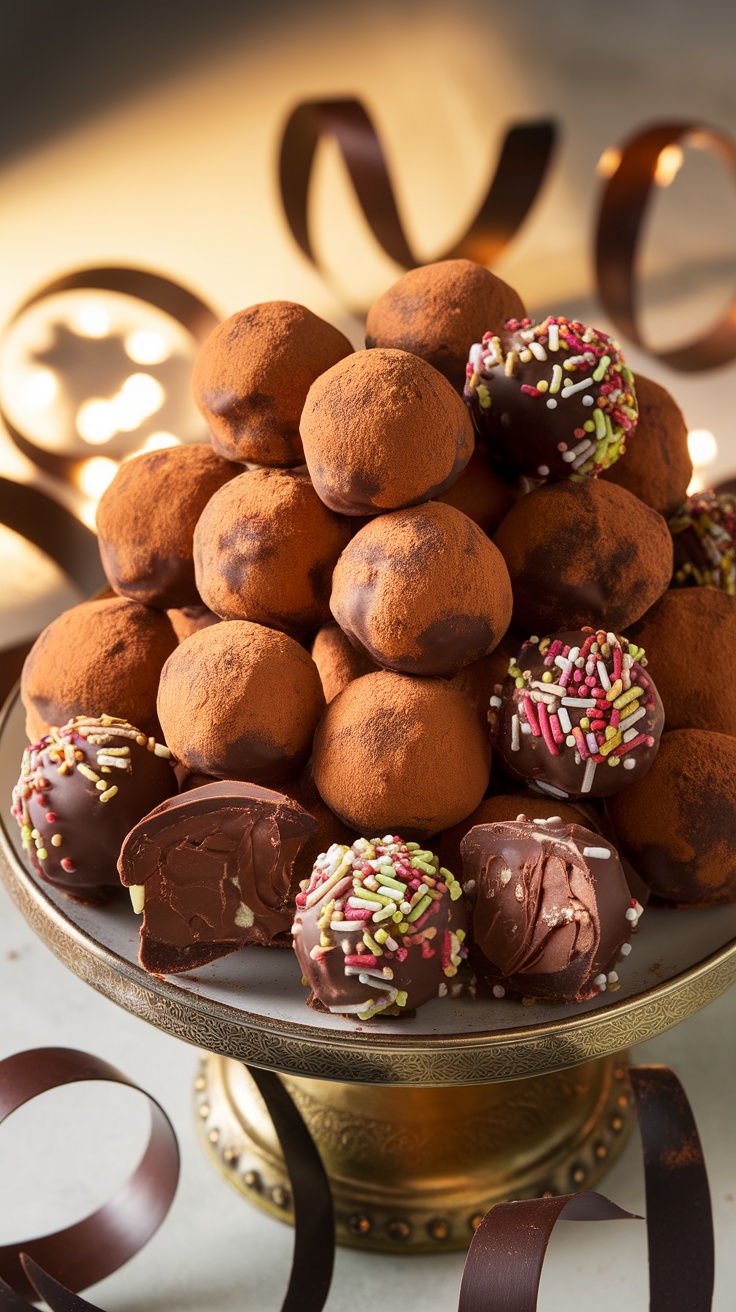 A plate of homemade chocolate truffles dusted with cocoa powder and sprinkles, showcasing rich chocolate flavor.